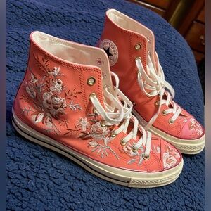 Pink leather with floral embroidery converse